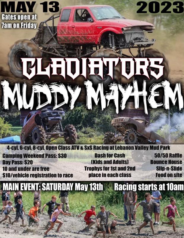 Poster promoting Gladiators Muddy Mayhem at Lebanon Valley Mud Park May 13, 2023